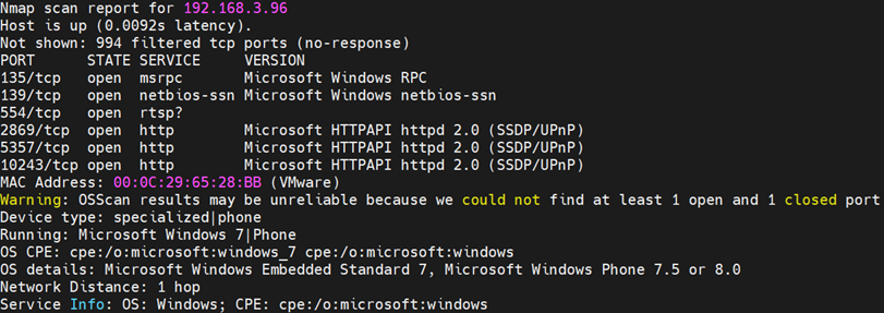 résulat du scan de version Windows Metasploit