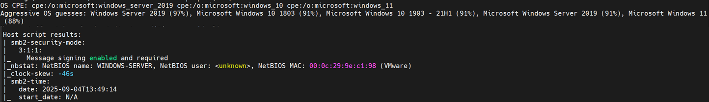 résultat du scan Nmap OS et Version du controleur de domaine