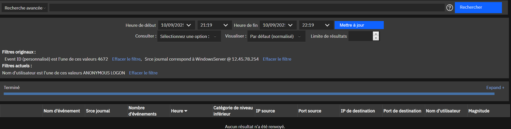resultat de la recherche des connexions suspectes sur Windows Server