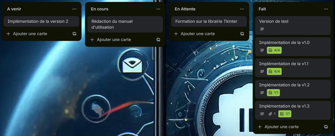 tableau Trello de l'application S_COMMENT