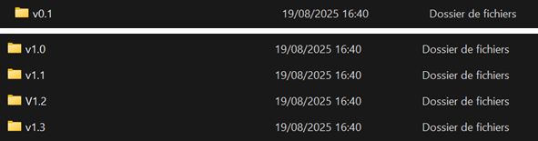 disposition des différentes sous versions de l'application